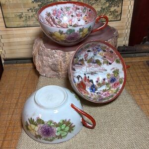 Geishaware Pattern Floral Porcelain Teacup Set of 3 Orange Red Accents Vintage
